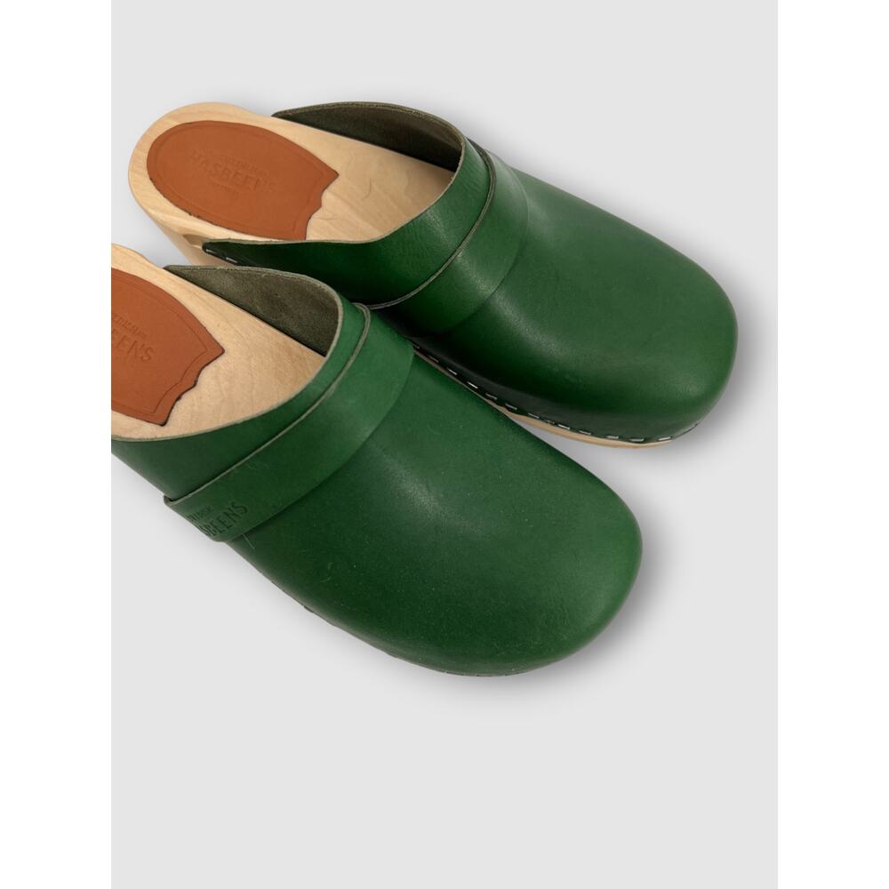 Swedish Hasbeens Green Leather Clogs Wood Platform Mule Clogs Size 38 - Picture 4 of 9